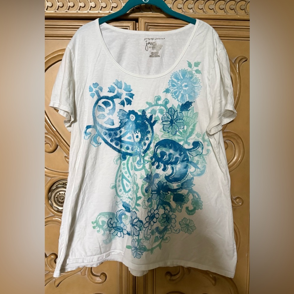 Tee Shirt Just My Size White with Blue and Aqua Floral Print 2X/2XG